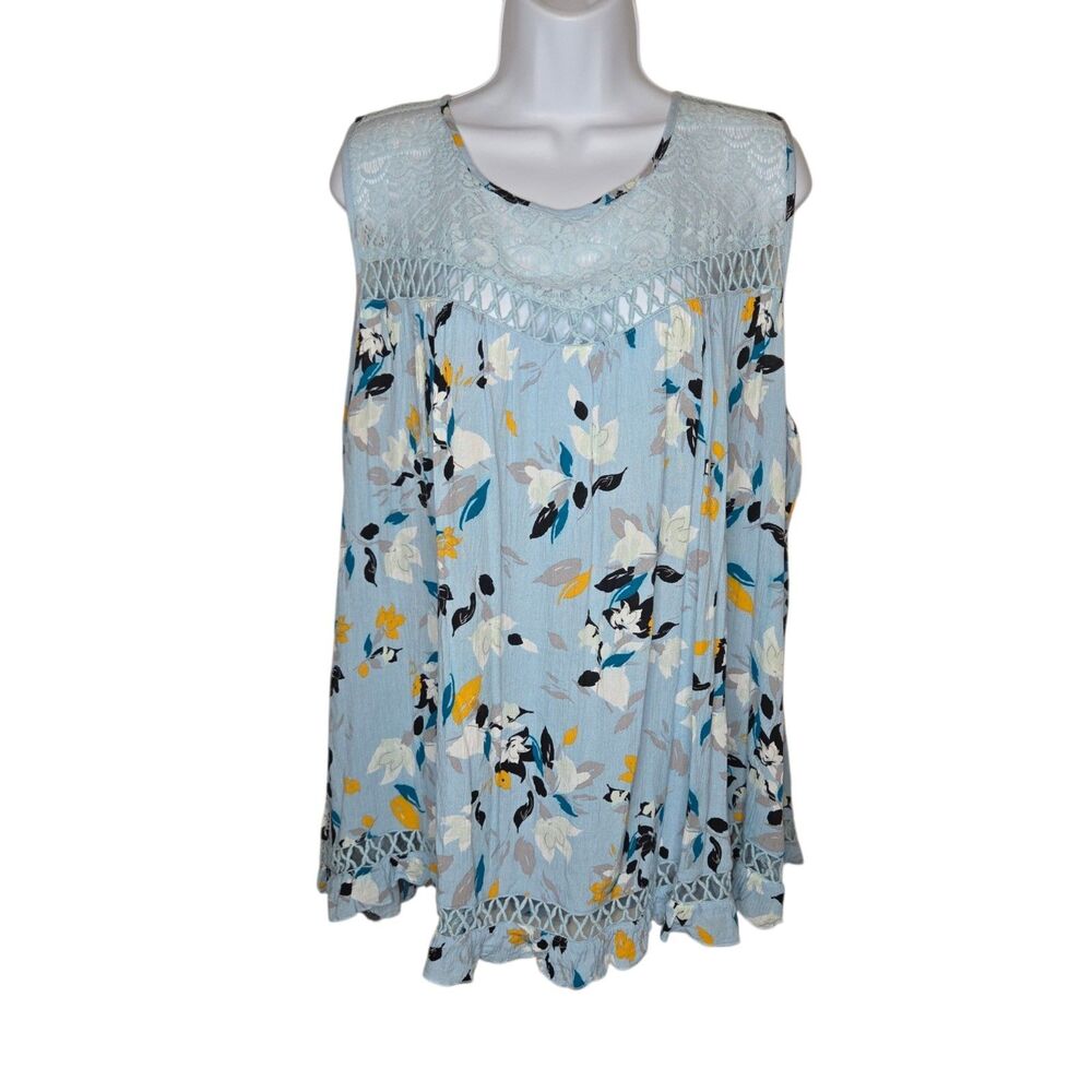 Lane Bryant Size 22 Light Blue Floral Lace Yoke Sleeveless Swing Tank Top